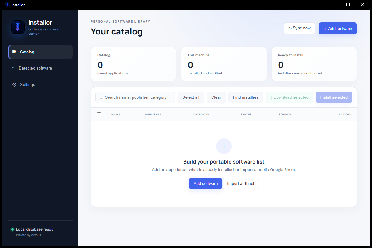 Installor desktop app with navigation, catalog metrics, search, and explicit download and install actions